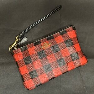 Coach Red and Black Buffalo Plaid Wristlet